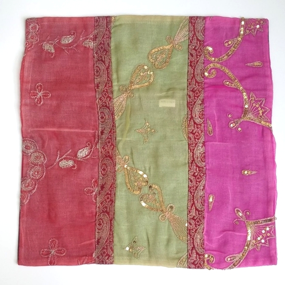 Antique Vintage Batik Sheer Pink Red Green Gold Sequins Embroidered Pillow Sham - Picture 12 of 13